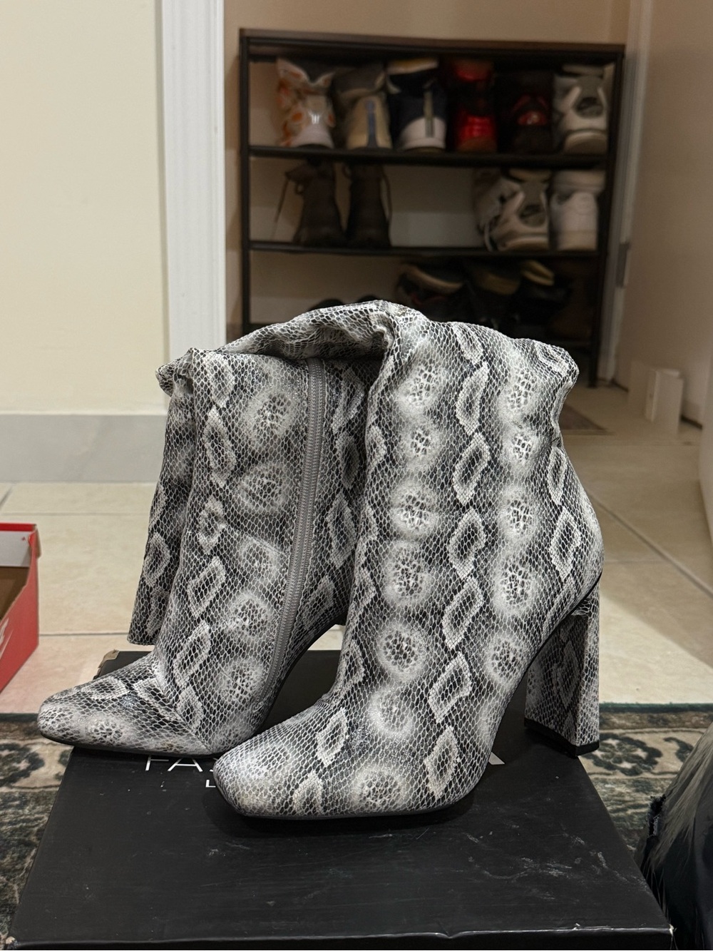 Fashion Nova Gray Snake-Print Block Heel Booties